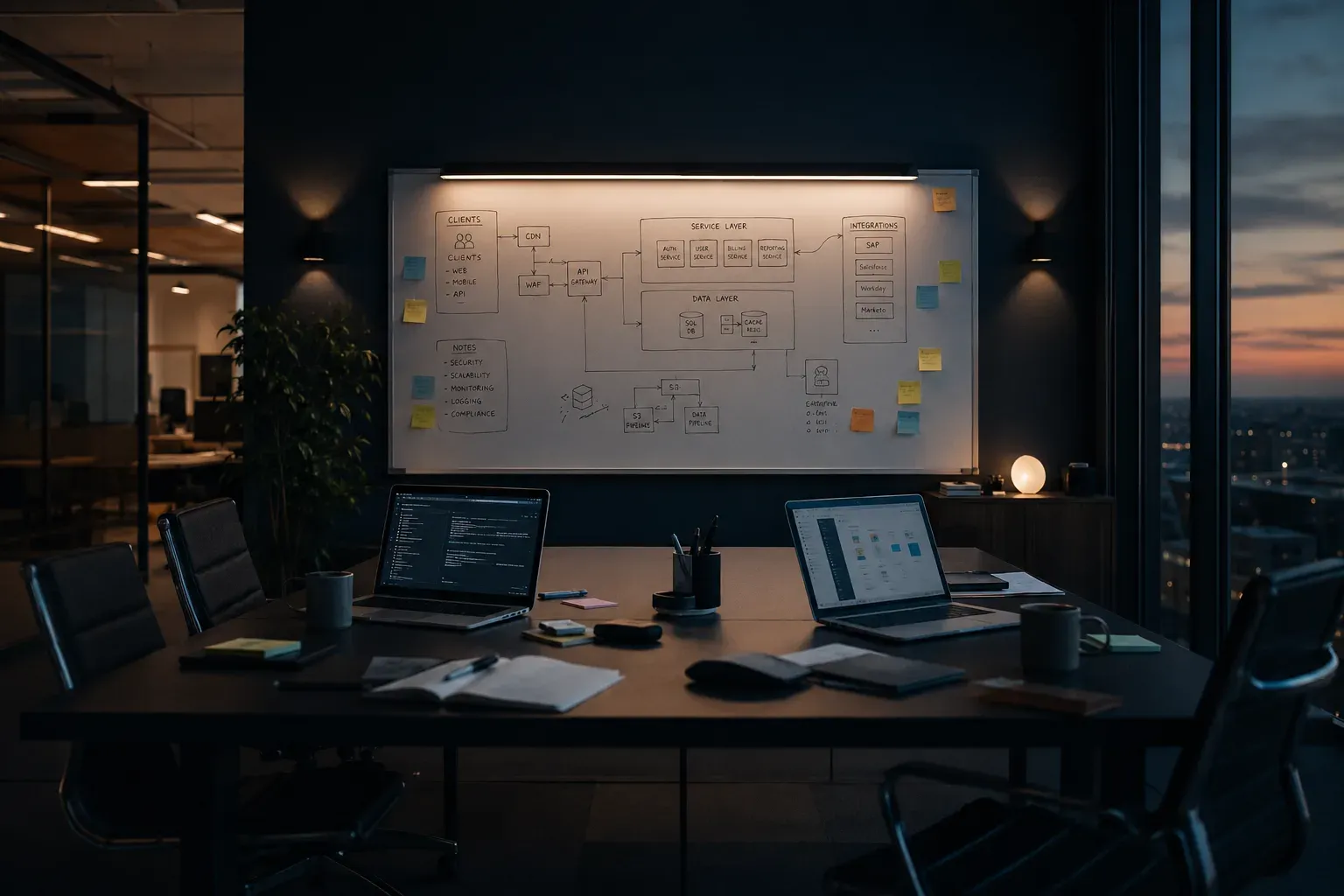 Design-session war room — whiteboard with system architecture diagrams and open laptops